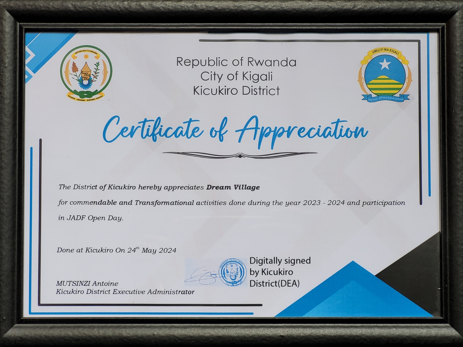 Dream Village Certificate Kicukiro District