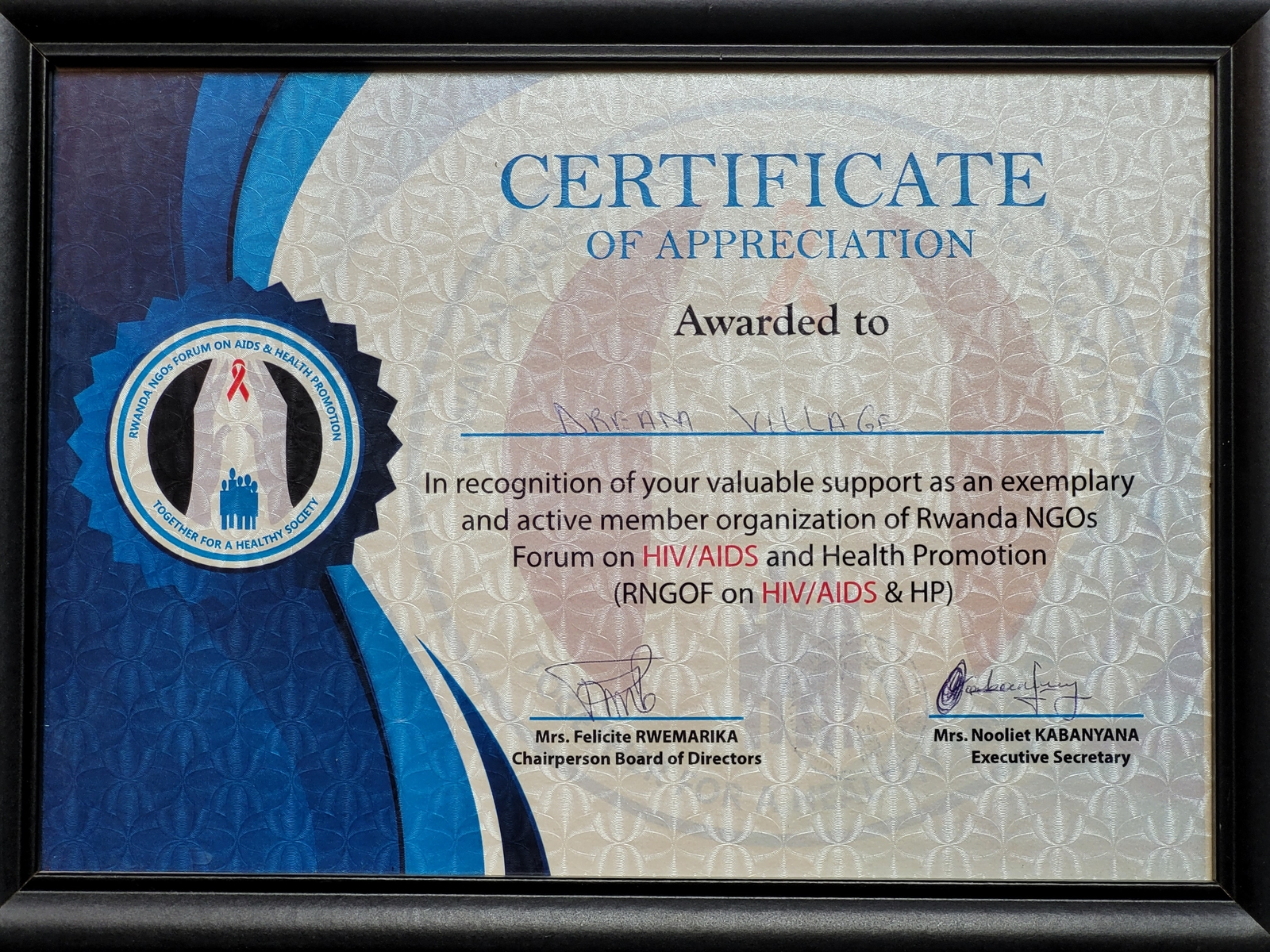 Dream Village Certificate RNGOF
