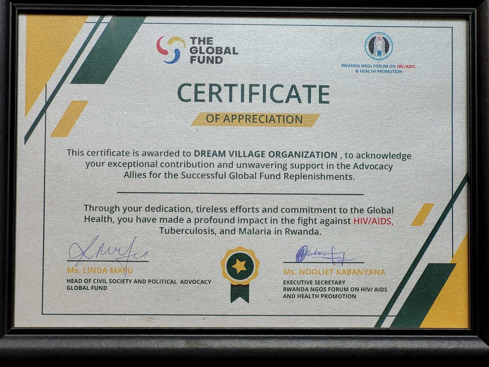 Dream Village Certificate The Global Fund